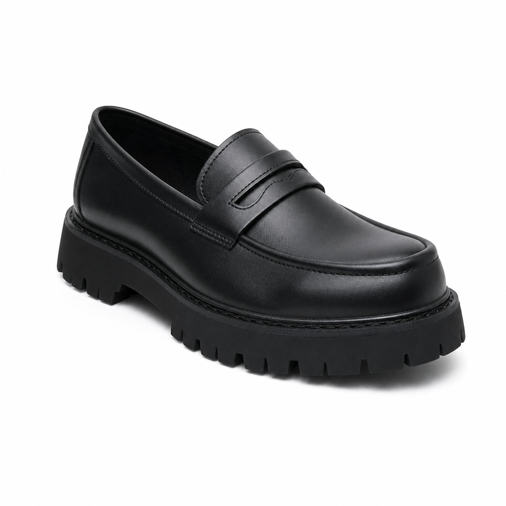 mocassins homme noir en cuir plateforme vue solo sur fond blanc