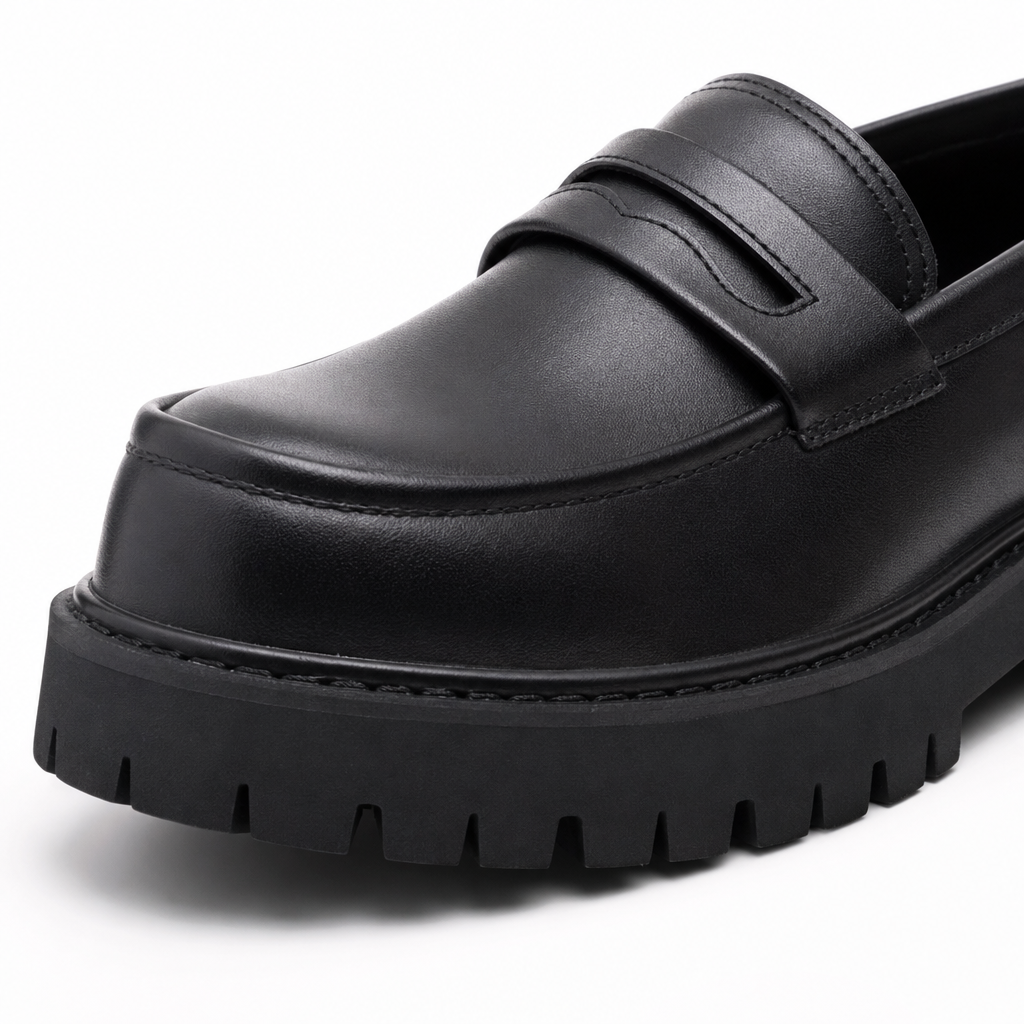 mocassins homme noir en cuir plateforme gros plan détail
