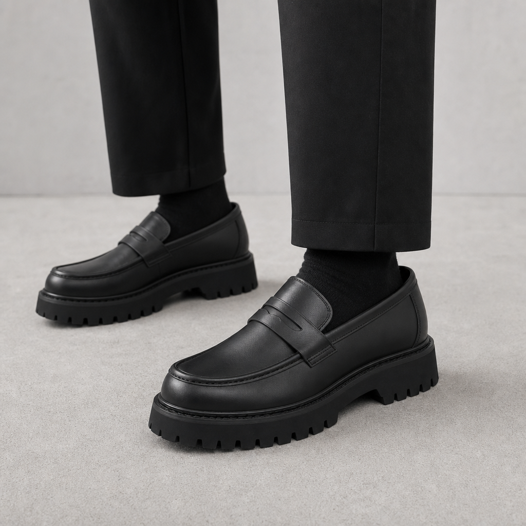mocassins homme noir en cuir plateforme détail porté aux pieds