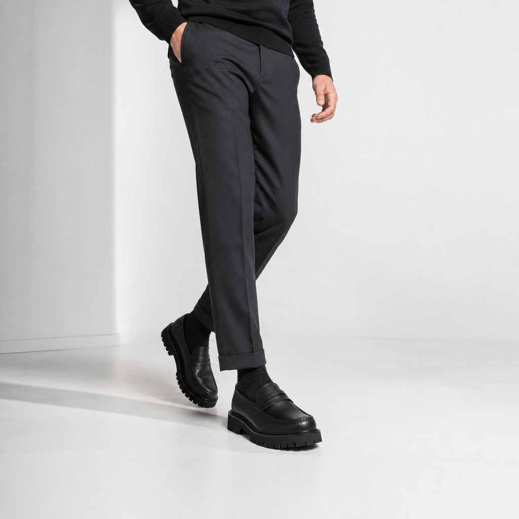 mocassins homme noir en cuir plateforme photo lifestyle portée