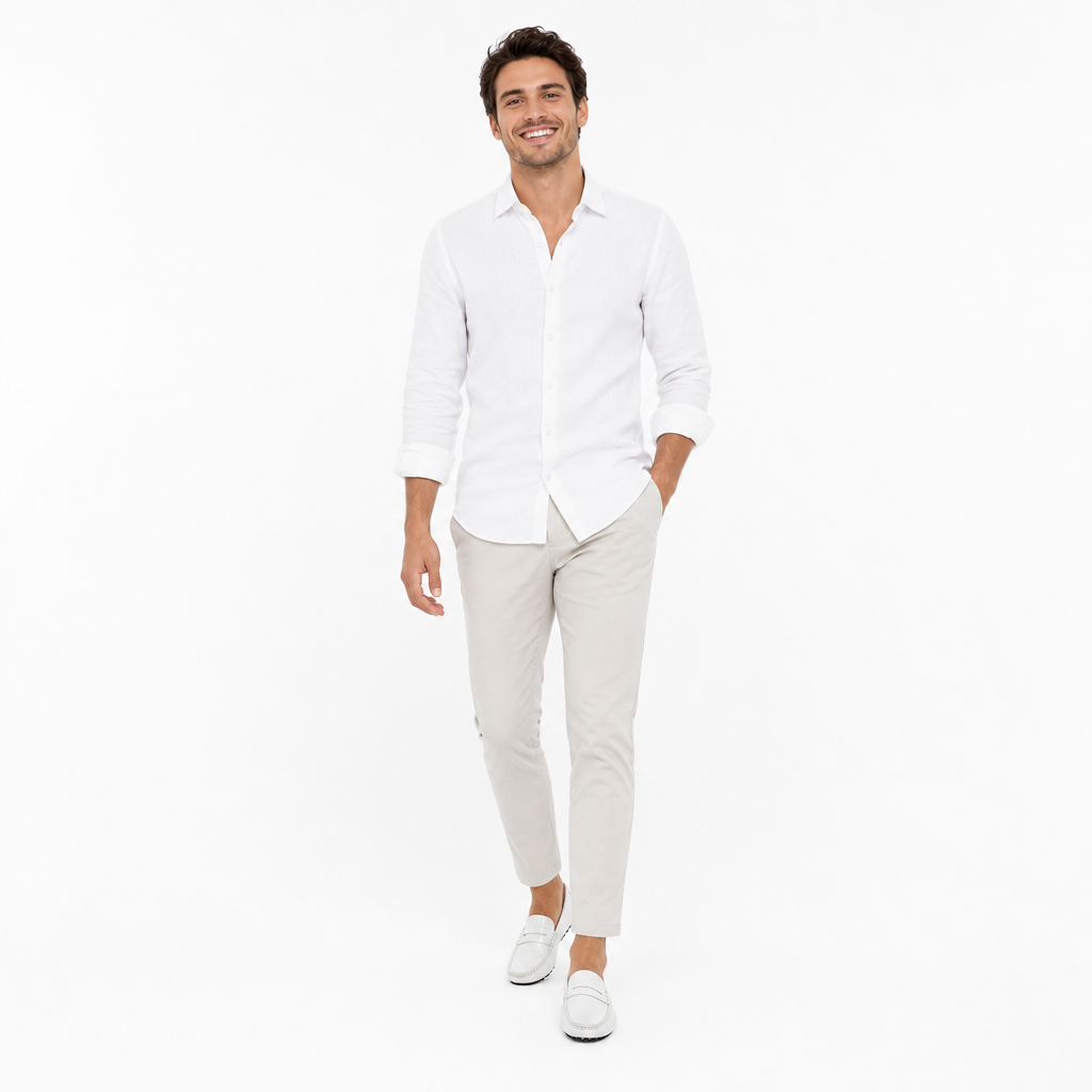 mocassins homme blanc verni en cuir shooting porté avec mannequin entier