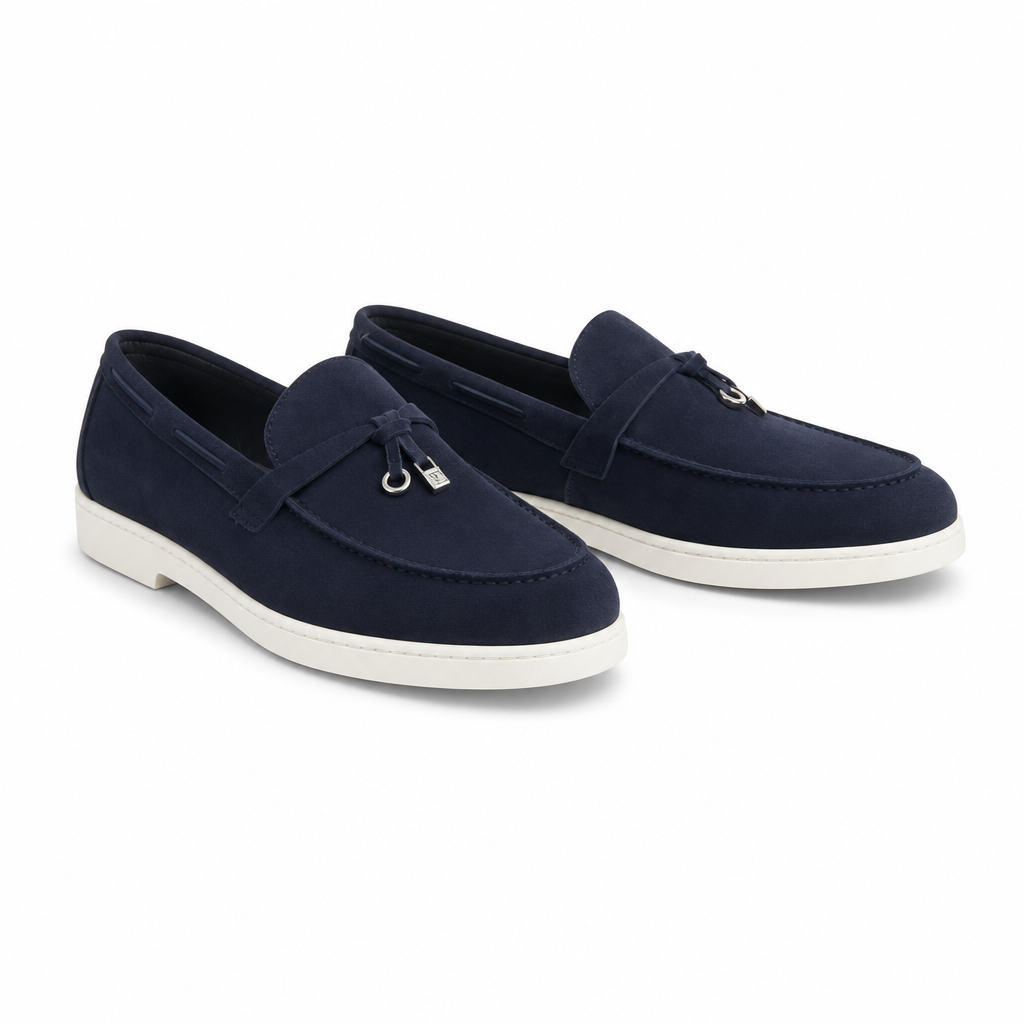 mocassins bleu marine en daim à glands paire sur fond blanc