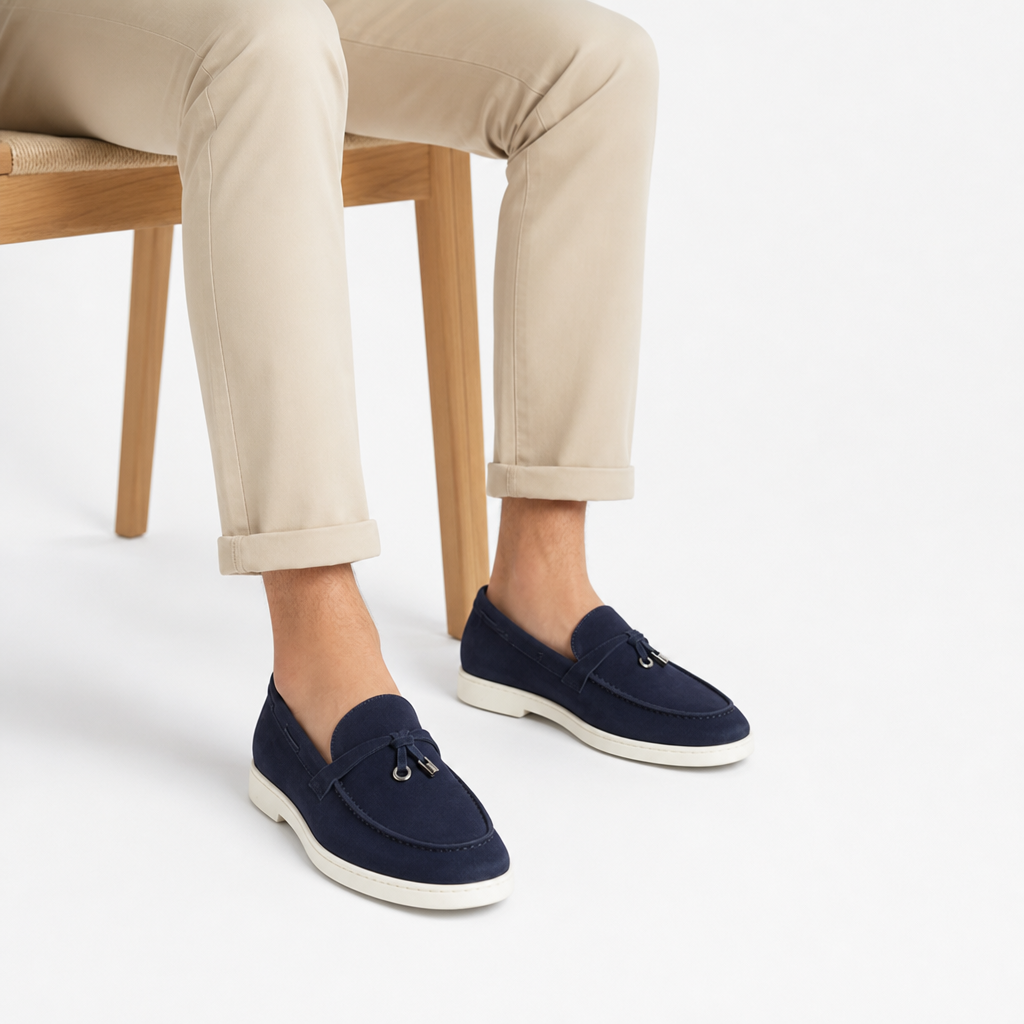 mocassins bleu marine en daim à glands photo lifestyle portée