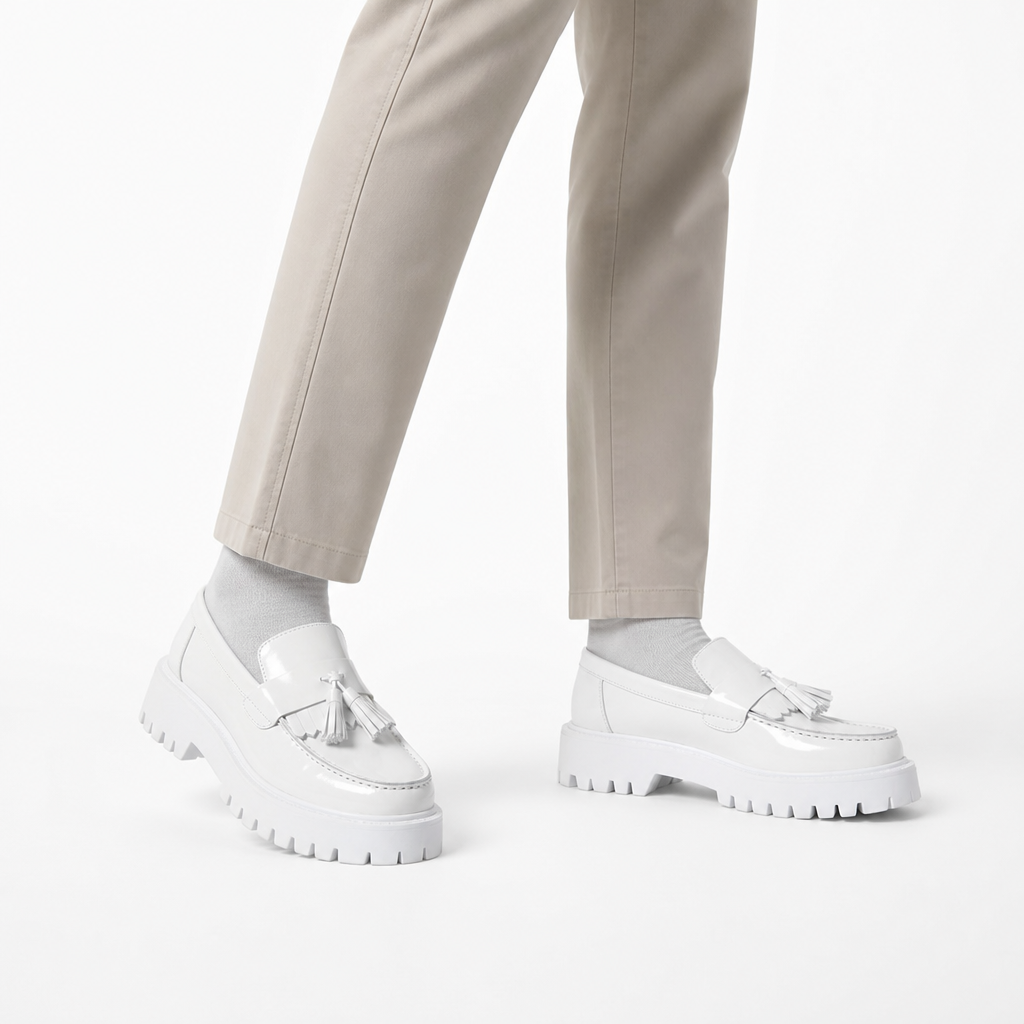 mocassins homme blanc en cuir compensé photo lifestyle portée