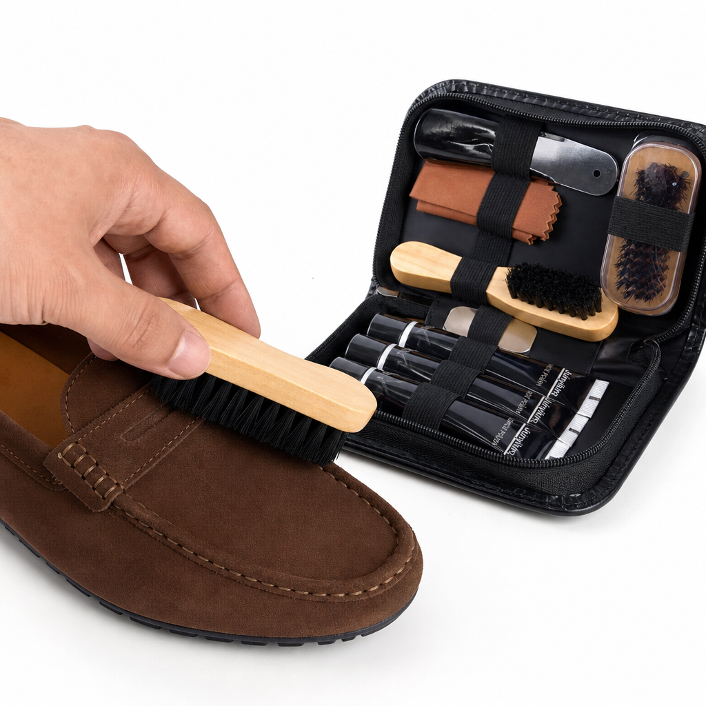 brosse de nettoyage verni en daim détail porté aux pieds